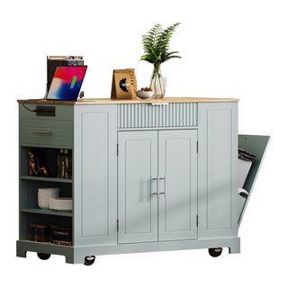 : K&K Fluted Kitchen Island with Trash Can Storage Cabinet, Power Outlet, Internal Storage Rack, Rolling on 5 Wheels, 3 Drawers, 3 Open Side Racks for 10 Gallon Garbage Bin, Grey Blue