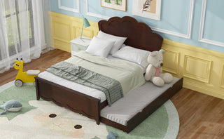 Full Size Wood Platform Bed with Headboard and Twin Size Trundle, Cappuccino