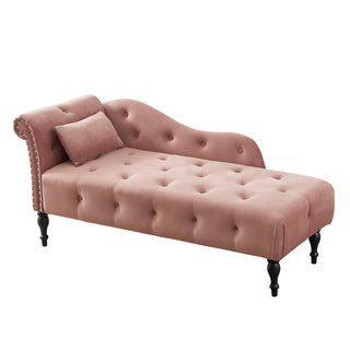 Aijia 60.6" Velvet Chaise Lounge Buttons Tufted Nailhead Trimmed Solid Wood Legs with 1 Pillow,Rose  (Left Arm Design as Shown in the Picture)