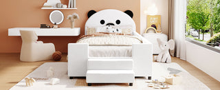 Twin Size Upholstered Daybed with Bear Shaped Headboard, Hydraulic System and Breathable Mesh Fence, White