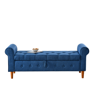 62" Bedroom Tufted Button Storage Bench, Modern Fabric Upholstered Ottoman, Window Bench, Rolled Arm Design for Bedroom, Living Room, Foyer (Blue)