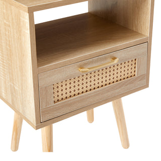 15.75" Rattan End table with  drawer and solid wood legs, Modern nightstand, side table for living room, bedroom,natural