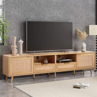 Rattan TV Stand for TVs up to 85'', Modern Farmhouse Media Console, Entertainment Center with Solid Wood Legs, TV Cabinet for Living Room,Home Theatre