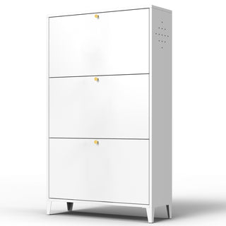 3-Drawer All Steel Shoe Cabinet, Freestanding Shoe Rack Storage Organizer with Flip Door, Modern Tipping Bucket Shoe Cabinet for Entryway, Hallway, Bedroom, White, Requires Assemble
