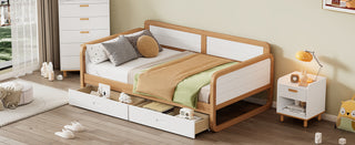 Twin Size Solid Wood Daybed with 2 Storage Drawers for Limited Space Kids, Teens, Adults, No Need Box Spring, Walnut and White