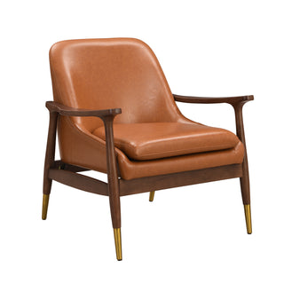 29.2'' Mid-Century Faux Leather Accent Chair with Cushioned Seat, Solid Wood Frame, and Brass-Tipped Legs – Ideal for Living Room, Bedroom, or Office Lounge