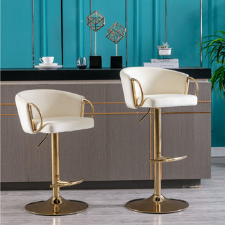 Set of 2 luxurious Ivory Velvet Bar Stools with Gold Legs, Chrome Footrest, Swivel & Adjustable Height