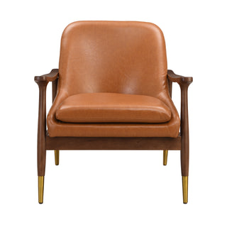 29.2'' Mid-Century Faux Leather Accent Chair with Cushioned Seat, Solid Wood Frame, and Brass-Tipped Legs – Ideal for Living Room, Bedroom, or Office Lounge