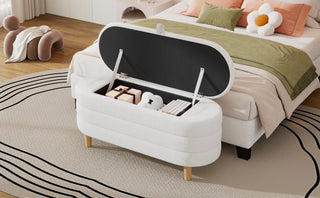 Elegant Upholstered Sherpa Fabric  Storage Ottoman with Wood Legs, Storage Bench for Bedroom, Living Room, White