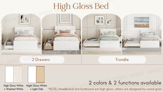 Modern Twin Bed Frame With 2 Drawers For White High Gloss Headboard and Footboard With Light Oak Color