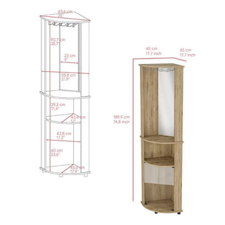 74" Bar-Coffee Corner Cabinet Storage – Rounded Front Design, 2 Central Shelves, Glass Holder, Double Glass Door Storage, Macadamia Finish