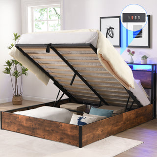 Lift-Up Storage Bed Frame, Full Size with Bookcase Headboard and LED Lights, Wooden Platform Bed Frame with Charging Station, Rustic Brown