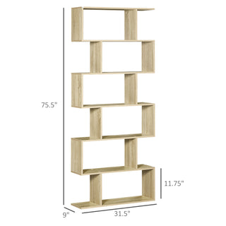 HOMCOM 75.5"H Bookcase 6 Shelf S-Shaped Bookshelf Wooden Storage Display Stand Shelf Organizer Free Standing Oak