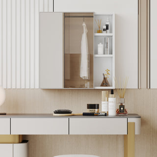 A white MDF material mirror cabinet, bathroom mirror, and a separate wall mounted bathroom mirror for storage and space saving.