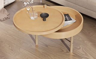 Modern Round Wood Rotating Tray Coffee Table with Storage & Metal Legs in Natural