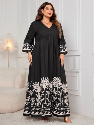 Honey Plus Size Printed V-Neck Long Sleeve Maxi Dress