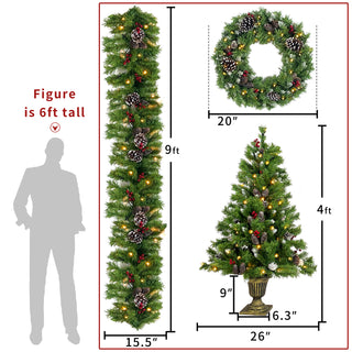 Pre-lit Xmas Tree Artificial Christmas 4-Piece Set, Garland, Wreath and Set of 2 Entrance Trees X-mas with Led Lights, Christmas Tree