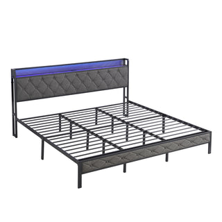 King Bed Frame with Storage Headboard, Charging Station and LED Lights, Upholstered Platform Bed with Heavy Metal Slats, No Box Spring Needed, Noise Free, Easy Assembly, Dark Gray