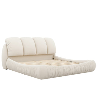 Queen Size Luxury Upholstered Bed with Thick Headboard, Velvet Queen Bed with Oversized Padded Backrest, Beige