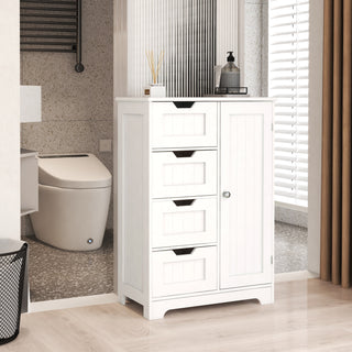 White freestanding storage cabinet with adjustable shelves, 4 drawers, and 1 door