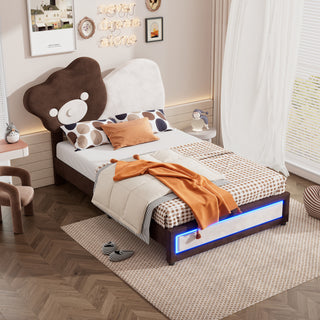 Twin Size Upholstered Platform Bed with Bear Shaped Headboard, LED Light Strips, White + Brown