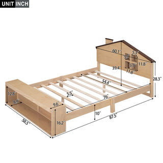 Full Size House Platform Bed with LED Lights and Storage, Wood Color