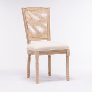 French Style Solid Wood Frame Linen Fabric Square Rattan Back Dining Chair,Set of 2,Cream