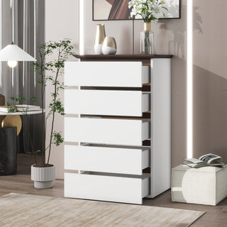 5-Drawer Dresser for Bedroom, Modern Closet Dressers Chest of Drawers, White and Walnut Storage Dresser Chest Cabinet Organizer Unit