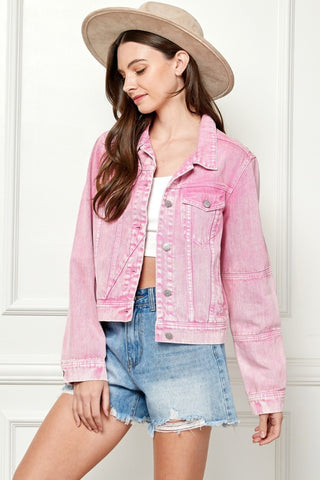 Veveret Button Up Cropped Denim Jacket for Women