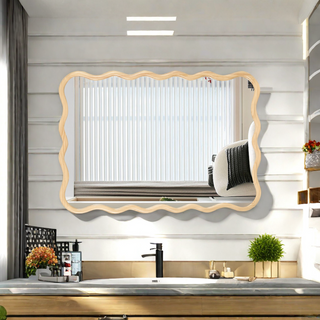 Solid Wood Wavy Rectangle  Mirror-Natural-Wood   40" x 28" Modern Mirror Wall Decor for Bathroom, Bedroom, Living Room, Dining Room, Cloakroom, Entryway