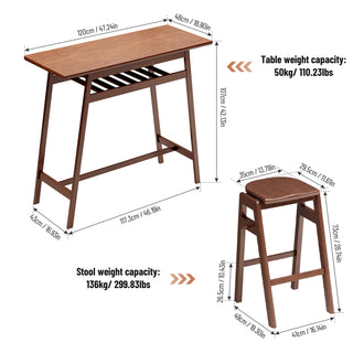 3 PCS Pub Dining Set Retro Bar Table Rubber Wood Stackable Backless High Stool for 2 with Shelf and Hooks for Home Bar Small Space