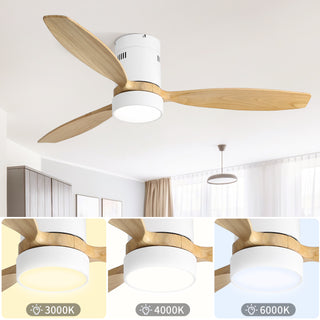 52 Inch Flush Mount Ceiling Fan DC 3 Solid Wood Fan Blade Noiseless Reversible Motor Remote Control With Light