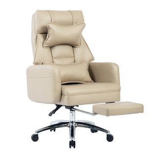 Swivel Ergonomic Office Chair, Technology Leather  High Back Office Chair with Lumbar Support Headrest, Sedentary Comfortable Boss Chair, 155° Reclining Computer Chair (Color : Beige)