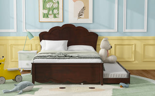 Full Size Wood Platform Bed with Headboard and Twin Size Trundle, Cappuccino