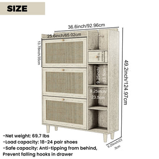 Natural Bohemia Style Shoe Cabinet, Shoe Rack Cabinet with 3 Rattan Flip Drawers, 3 Square Shelves, 1 Storage Drawer, Multi-Storage Space and Hooks for Hallway, Entryway, White