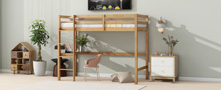 Twin High Loft Bed, Rubber Wood  Loft Bed with Safety Guardrail, built-in desk, ladder,White Oak