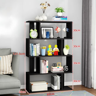 DFW 4-Tier S-Shaped Storage Shelf - Multifunctional Wooden Display Bookcase, Industrial Free-Standing Storage Rack for Living Room, Bedroom & Office (Black)