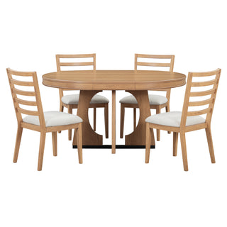 TREXM 5-Piece Retro Rustic Functional Dining Set – 1 Extendable Table with 16-Inch Leaf and 4 Upholstered Chairs, Unique Geometric Design, Ideal for Dining Room and Kitchen (Natural)