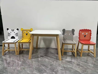 5 Piece Kiddy Table and Chair Set , Kids Wood Table with 4 Chairs Set Cartoon Animals (bigger table) (3-8 years old)