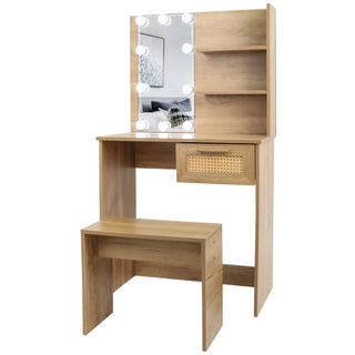 Vanity Desk Set Stool & Dressing Table with LED Lighting Mirror Drawer and Compartments Modern Wood Cosmetic Table Chest of Drawers Nature Color