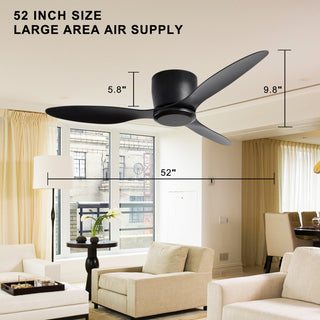 52" Flush Mount Ceiling Fan without light, 3 Reversible Blades, with 6 Speeds Reversible DC Motor,Low Profile Ceiling Fan with no light for Living Room Kitchen Bedroom