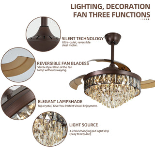 42"Chandelier Ceiling Fan Retractable Ceiling Fans with Lights and Remote Control 6 Speed  3 changable LED light  Crystal Ceiling Fan Modern Light for Bedroom Indoor Living Room