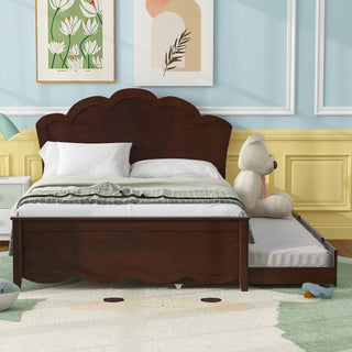 Full Size Wood Platform Bed with Headboard and Twin Size Trundle, Cappuccino