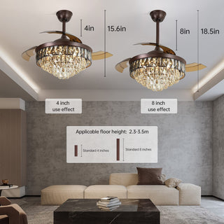 42 Inch Retractable Ceiling Fan Chandelier with Lights and Remote Control, 6 Speed, 3 Changeable LED Lights, Crystal Modern Ceiling Fan for Bedroom, Living Room, Indoor Use