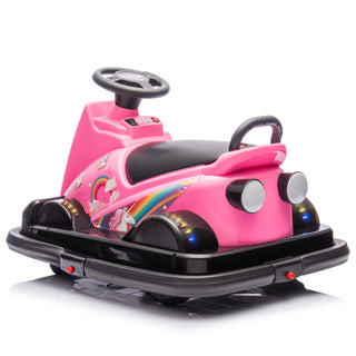 12V Kids Ride On Motor Bumper Car,integrating system,Rotate 360 degrees in place,Collision triggers sound effects and lights,Four-wheel waterfall light,Cute appearance design for kids aged 3-5.