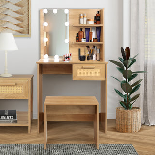 Vanity Desk Set Stool & Dressing Table with LED Lighting Mirror Drawer and Compartments Modern Wood Cosmetic Table Chest of Drawers Nature Color