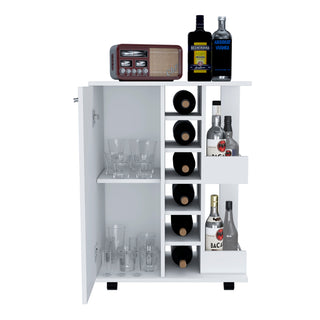 32" H white bar-coffee cart, cabinet storage, with 4 wheels, 1 divided storage with 1 shelf, 1 folding door, a central vertical division for 6 bottles and 2 side shelves with aluminum front