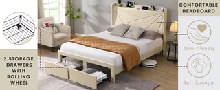 Full Size Bed Frame with 2 Storage Drawers, Upholstered Bed Frame with Wingback Headboard Storage Shelf Built-in USB Charging Stations and Strong Wood Slats Support, No Box Spring Needed, Beige