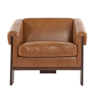 34" Mid-Century Modern Accent Chair with Brown Faux Leather, Deep Cushions, and Wide Armrests – Perfect for Living Room, Bedroom, or Office