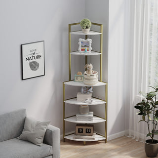 6-Tier Corner Open Shelf Modern Bookcase Wood Rack Freestanding Shelving Unit – Sturdy Space-Saving Stand for Living Room, Home Office, Kitchen, and Small Spaces